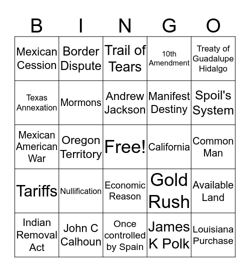 Andrew Jackson (AJ) & Westward Expansion (WE) Bingo Card