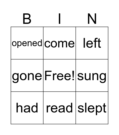 Past Participle Bingo Card