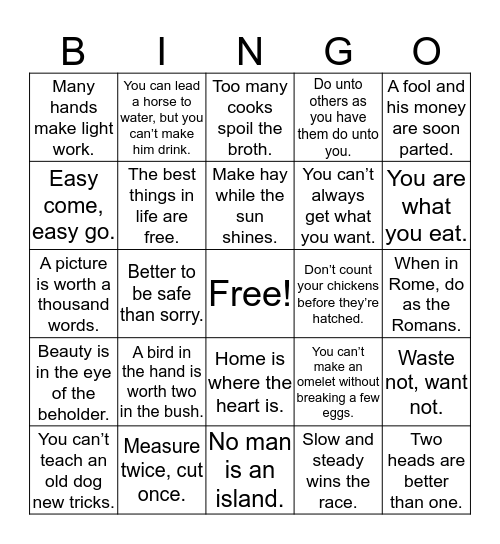 Adages/Proverbs Bingo (2nd Edition) Bingo Card