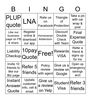 State Farm- 915insurance Agency Bingo Card