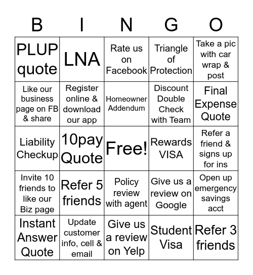 State Farm- 915insurance Agency Bingo Card