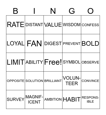 VOCABULARY Bingo Card