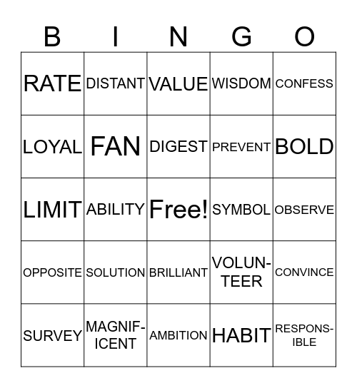 VOCABULARY Bingo Card