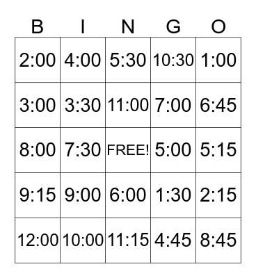 What is the time?  Bingo Card