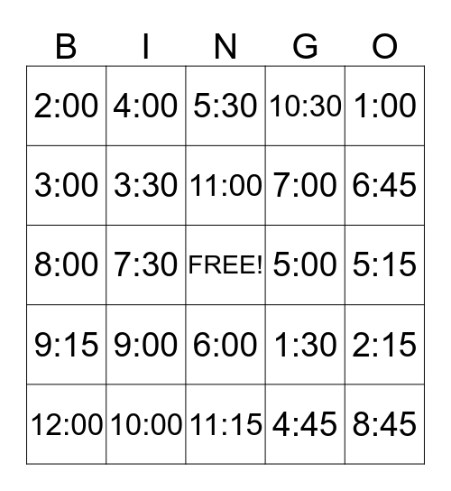 What is the time?  Bingo Card