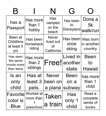 Getting to know you Bingo Card