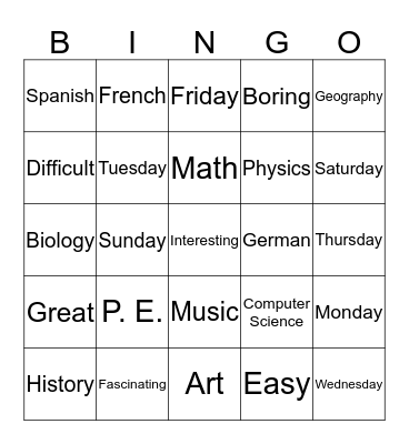 Les cours et les emplois de temps Bingo Card
