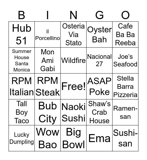 Restaurant Bingo Card