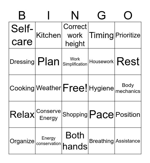 Energy Conservation/Work Simplification Bingo Card