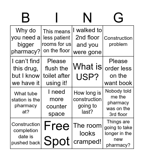 Temporary Pharmacy Bingo Card