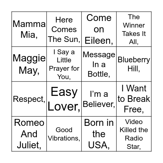 Music Bingo Card