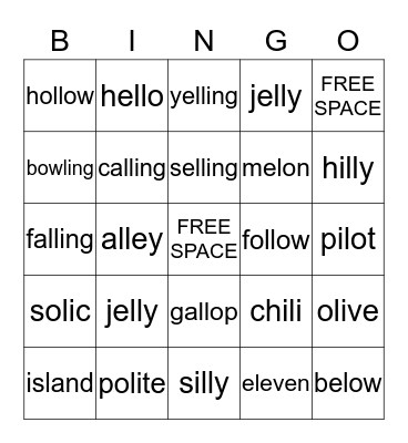 Middle /L/ Words Bingo Card