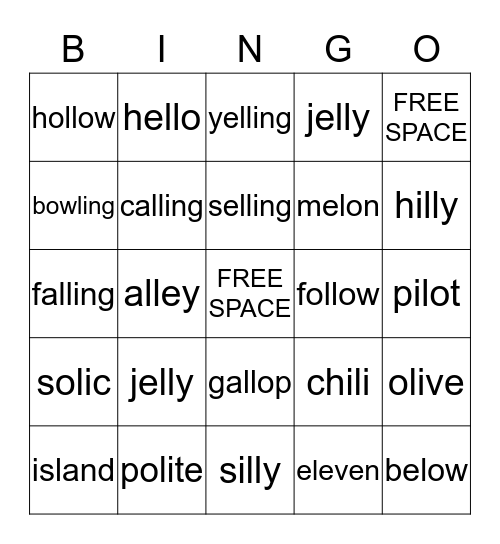 Middle /L/ Words Bingo Card