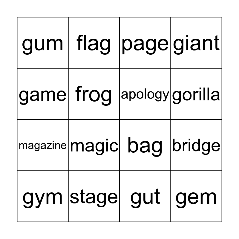 Hard G Soft G Bingo Card
