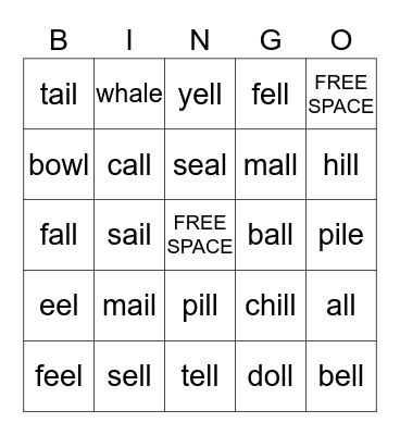 Final /L/ Words Bingo Card