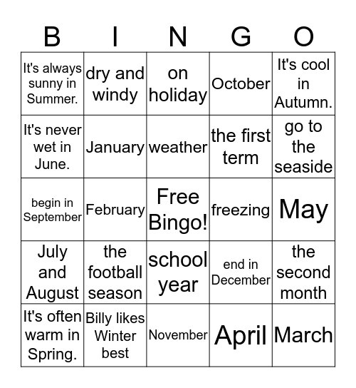 3L1-L103-106 季节&月份&天气 Bingo Card