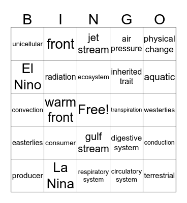 5th Grade Science Review Bingo Card