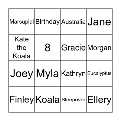 Koala Birthday Bingo Card