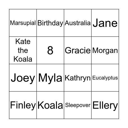 Koala Birthday Bingo Card