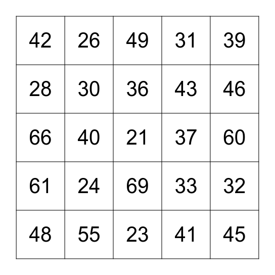 French Numbers 20-70 Bingo Card