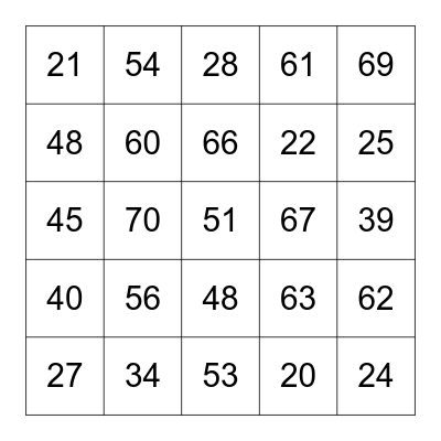 French Numbers 20-70 Bingo Card
