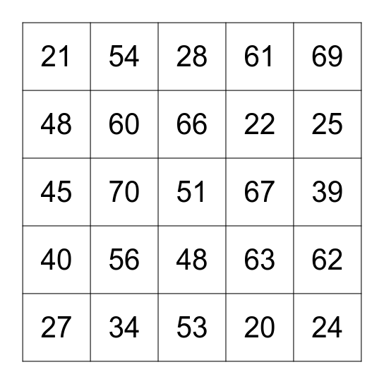 French Numbers 20-70 Bingo Card