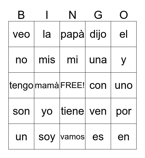 Spanish High Frequency Words Bingo Card