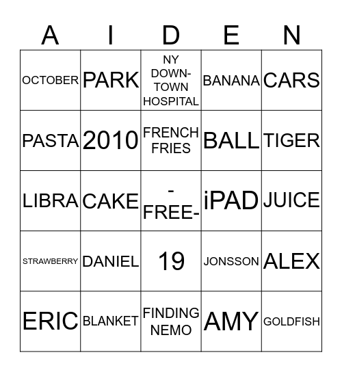 AIDEN Bingo Card