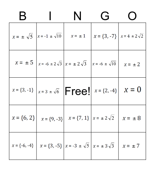 Solving Quadratics BINGO Card