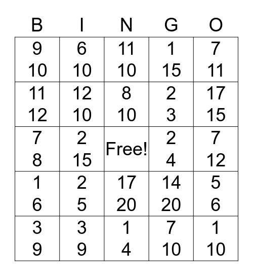 Adding/Subtracting Fraction  Bingo Card