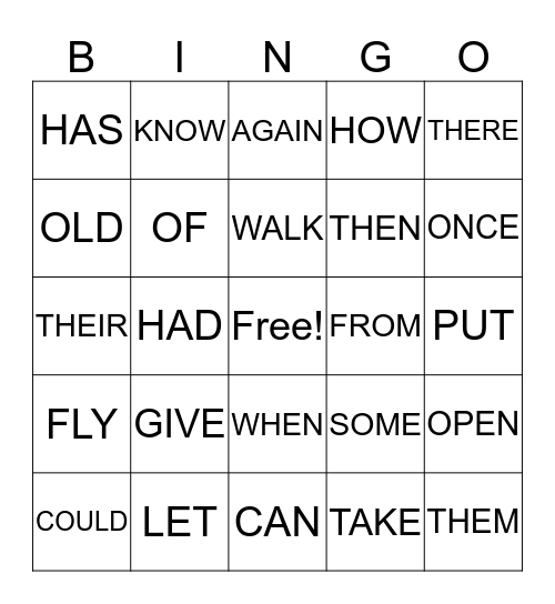 SIGHT WORD BINGO Card