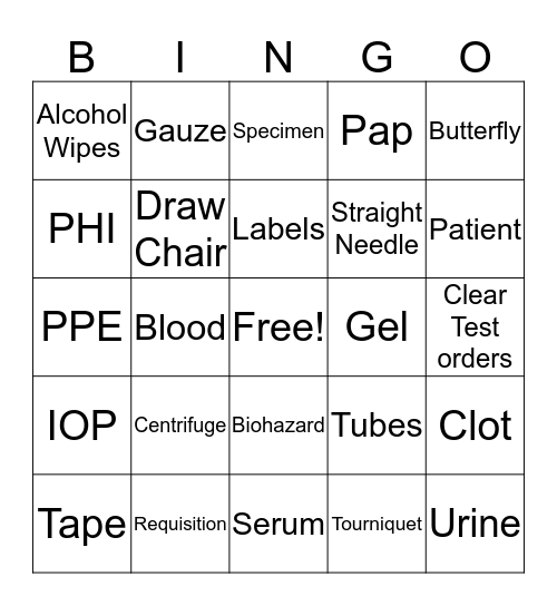 Phlebotomy Bingo Card