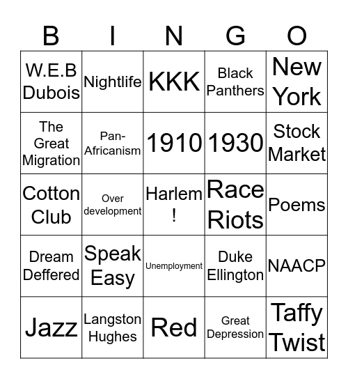Harlem Rennisance Bingo Card