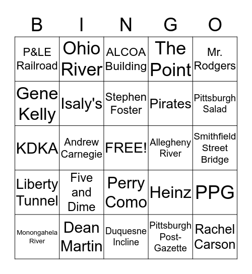 Pittsburgh Bingo Card