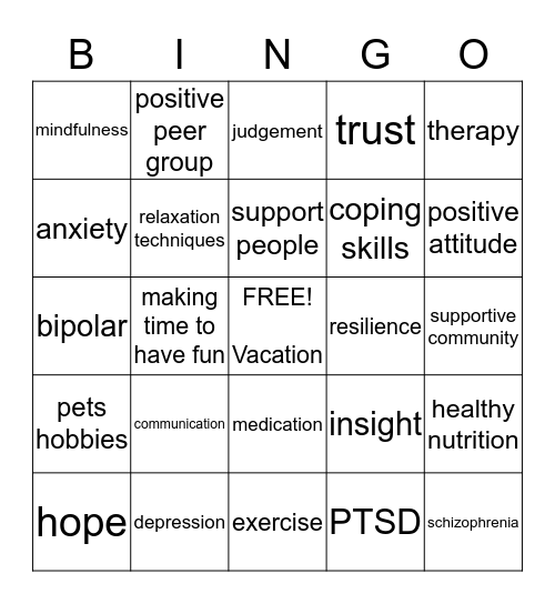 Mental Health Bingo Card