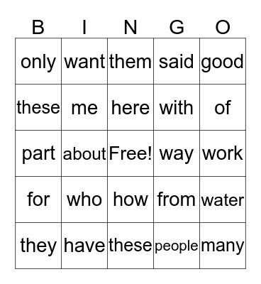Foxx's Sight Word Bingo Card