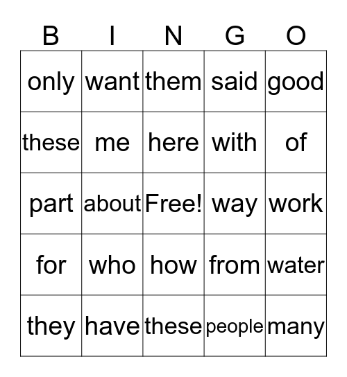 Foxx's Sight Word Bingo Card