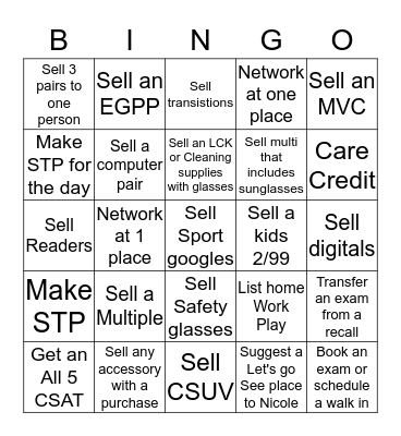 Eyeglass Bingo!  Bingo Card