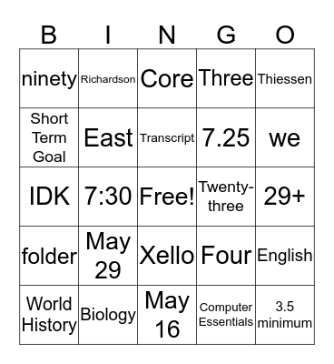 9th Grade Academic Sessions Bingo Card