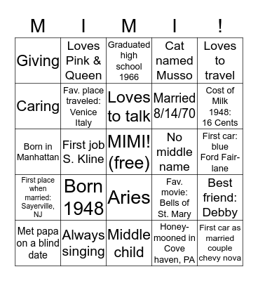 Happy 70th Birthday Mimi! Bingo Card