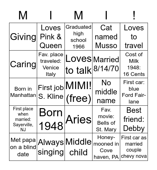 Happy 70th Birthday Mimi! Bingo Card