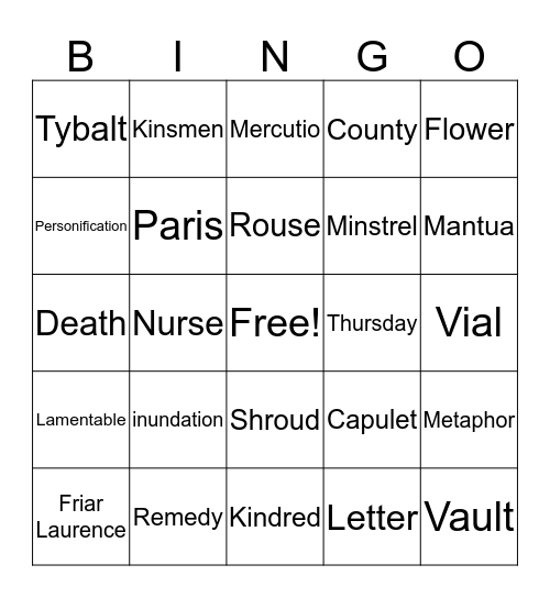 Romeo and Juliet Act IV Bingo Card