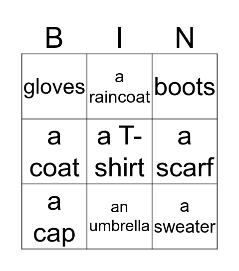 Weather and clothing Bingo Card