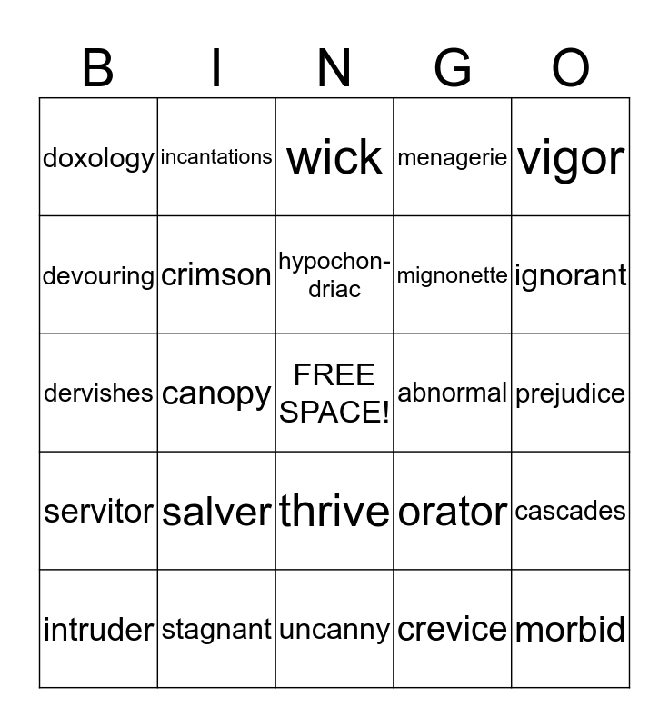 The Secret Garden Vocabulary Bingo Card
