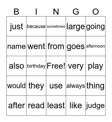 Sight Words BINGO Card