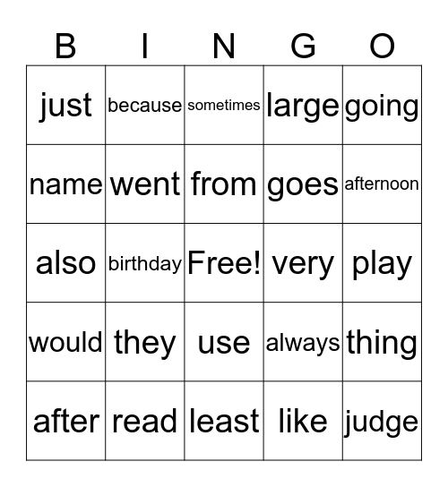 Sight Words BINGO Card