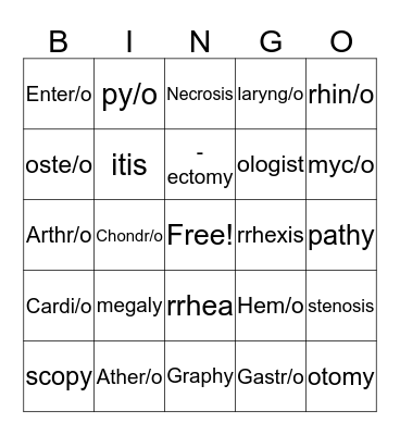 Medical Terminology Bingo Card