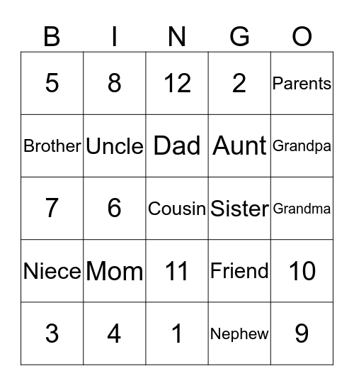 Family and Numbers 1-12 Bingo Card