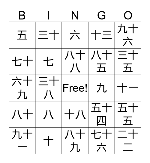 数字 Bingo Card