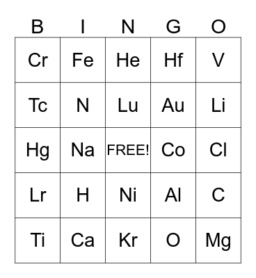 The Periodic Table Bingo Card